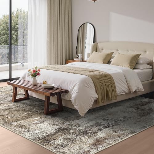 Image of BEIMO Area Rugs 8x10 for Living Room Bedroom, Modern Abstract Machine Washable Rug, Large Soft Low Pile Floor Carpet with Non Slip Backing for Dining Room, Beige /Brown