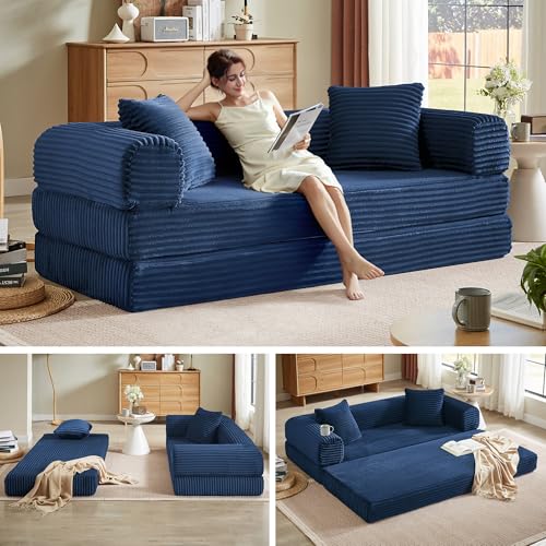 Image of Boneless Couch Futon Sofa Bed Sectional Couches for Living Room,Cloud Couch with Sleeper Sofa,Sofas for Living Room Oversized Corduroy Upholstered (Blue, 76 Inches (No Iron Frame))