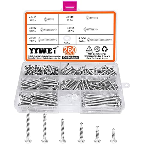 YYWEi 260 Self Tapping Stainless 304 Steel Self Drilling Screws 4.2 x 13/19/25/32 /38/50 mm Tek Screws Drilling Screws Kit Set Cover