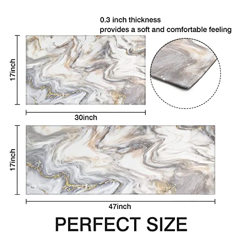 Gold White Gray Kitchen Rugs And Mats Set Of 2, Anti-Slip Washable Kitchen Mats, Marble Kitchen Runner Mat For Kitchen, Dining Room, Flooring, Home, Office, Sink, Laundry Room, 17X30+17X47 Inch #TOP1