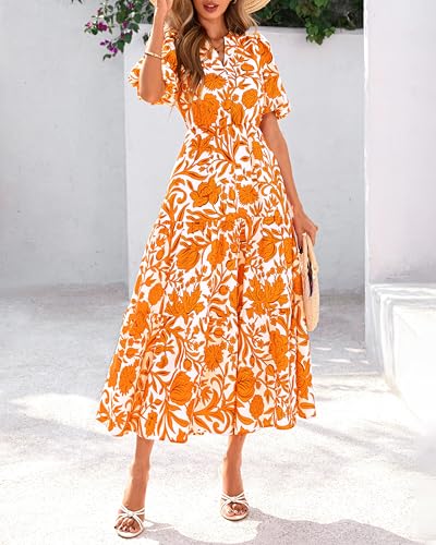 dowerme Womens Summer Dresses 2025 Casual Puff Short Sleeve V Neck Floral Boho Tiered Ruffle Maxi Dress with Pockets3