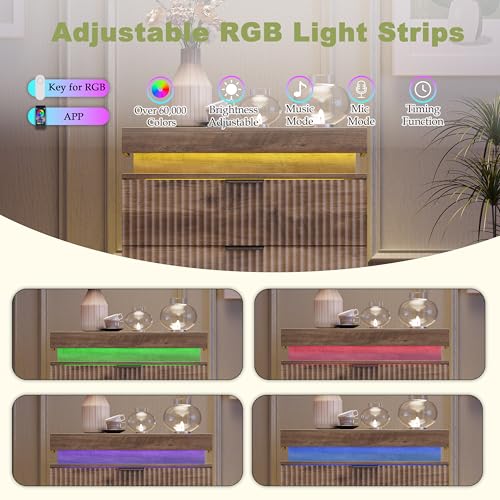 Image of Tall 6 Drawer Dresser with LED Lights and Charging Station, 53 inch Tall Wood Fluted Dresser for Bedroom, Grey Modern Chest of Drawers for Closet Organizer Cabinet for Living Room, Entryway