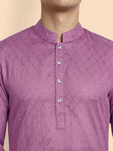 Image of Vardha Men's Cotton Chikankari Embroidered Kurta with Full Sleeves and Knee Length Design and Elegant Sequence Work | Kurta for Men