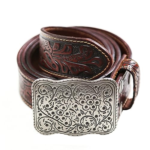 Men's Casual Leather Belt Western Cowboy Full Grain Leather Floral Jean Belts for Men Women Cowgirl