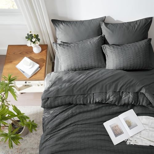 Image of Zzlpp Full Comforter Set 7 Pieces, Dark Grey Seersucker Bed in a Bag with Comforter and Sheets, All Season Bedding Sets with 1 Comforter, 2 Pillow Shams, 2 Pillowcases, 1 Flat Sheet, 1 Fitted Sheet