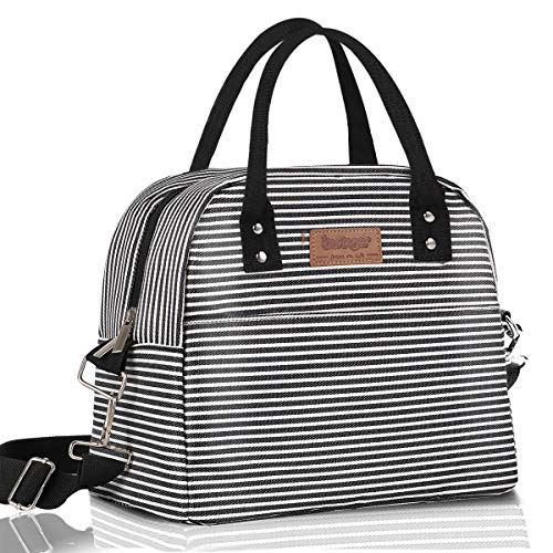 Buringer Reusable Insulated Lunch Bag Cooler Tote Box with Front Pocket Zipper Closure for Woman Man Work Picnic or Travel(Black and White Stripe with Shoulder)