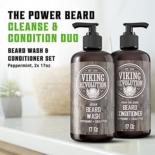 Viking Revolution Beard Wash & Conditioner Set w/Argan & Jojoba Oils – Softens, Smooths & Strengthens Beard Growth - Natural Peppermint and Eucalyptus Scent - Shampoo (17 oz)