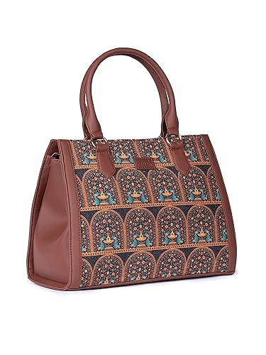 Image of ZOUK Printed Jute Handcrafted Vegan Leather Multicolor Women's Satchel Bag | Ladies Purse Handbag | Double Handle Detachable Strap