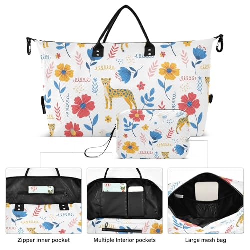 Leopard Flowers Birds Travel Duffel Bag for Men Women with Makeup Bag Weekend Overnight Carry On Bags for Travel Weekend Getaway2