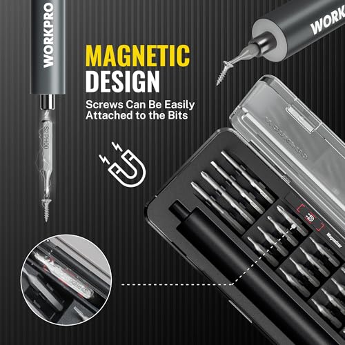 Image of WORKPRO 20-in-1 Mini Electric Screwdriver with Magnetizer & S2 Steel Bits, 3.6V Rechargeable Precision Screwdriver Set for Electronics, Phone, Camera, Laptop & Watch