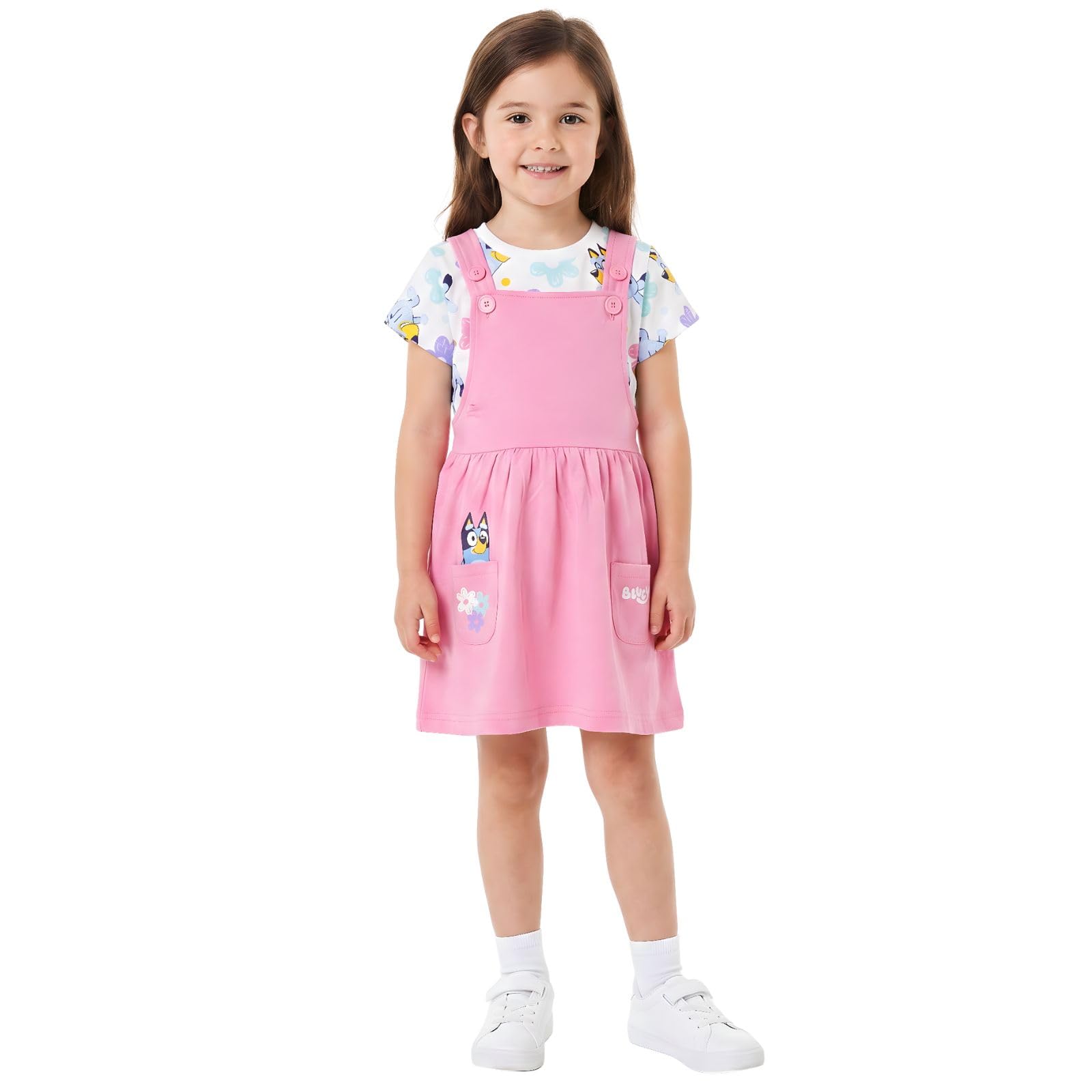 Bluey Conjunto de vestido y camiseta para niñas Rosa con bolsillos Algodón suave