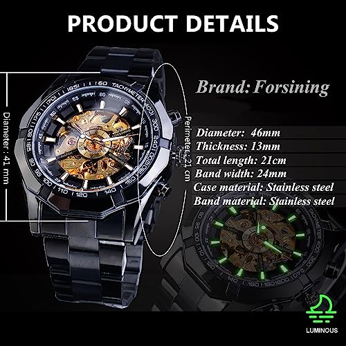 Image of FORSINING Men's Watch Self-wind Skeleton Hollow Out Mechanical Automatic Luxury Watches, Blue Black Stainless Steel Band Waterproof Wristwatch