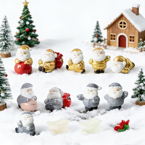 13Pcs Miniature Christmas Figurines Set Mini Resin Ornaments Snowman Xmas Tree Snata Claus Deer for Snow Globe Kit DIY Christmas Village Decoration Micro Landscape Decor Party Gift