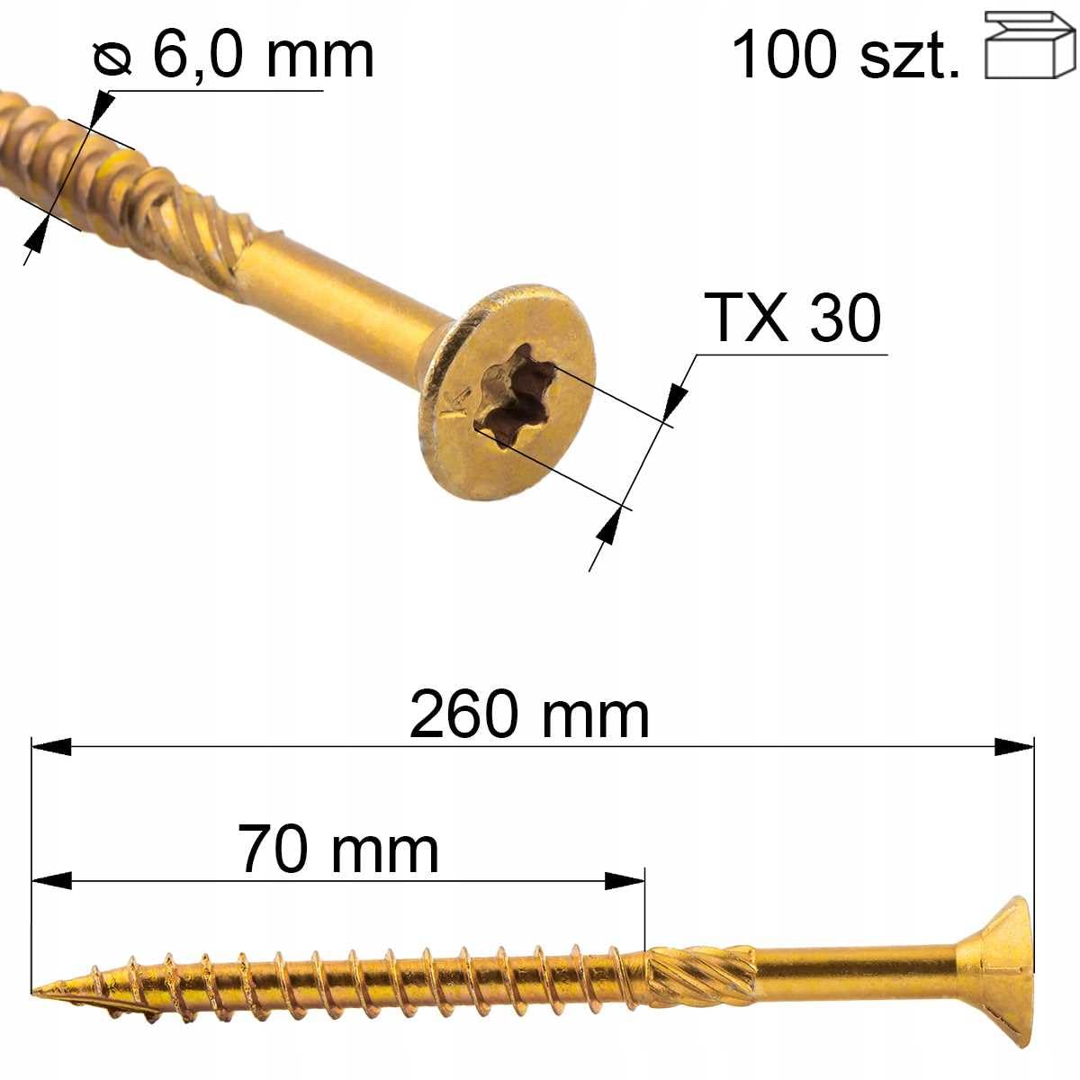 KLIMAS Tornillos de cabeza avellanada TX30, 100 unidades, 6,0 x 260 mm, todos los tamaños