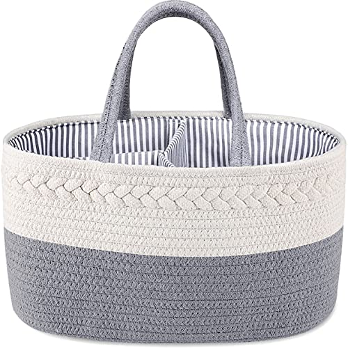 Image of ABenkle Diaper Caddy Organizer, Boho Rustic Cotton Rope Nursery Baby Basket, Changing Table Organizer for Baby Diaper Storage and Baby Shower