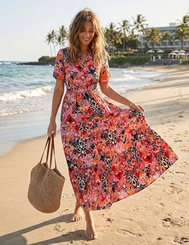 Image of ZESICA Women's 2026 Summer Spring Floral Boho Maxi Dresses Casual Short Sleeve V Neck A Line Flowy Beach Vacation Dress
