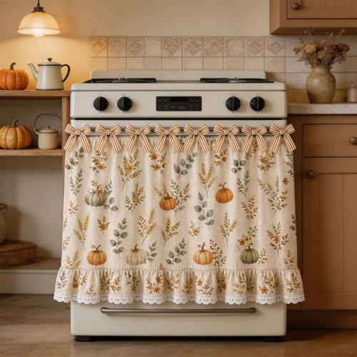 Thanksgiving Fall Oven Skirt Kitchen Curtains Pumpkin Leaf With Bow Ruffled - image 5