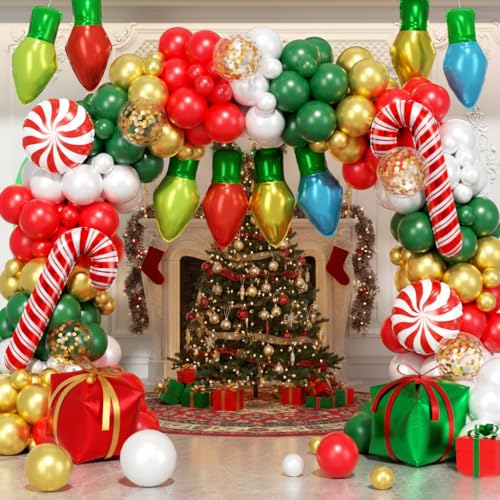 Image of 164Pcs Christmas Balloon Arch Garland Kit Xmas Red White Green Gold Latex Balloons Light Bulb Candy Cane Gift Box Foil Balloons Arch Kit for Christmas New Year Party Birthday Party Decorations