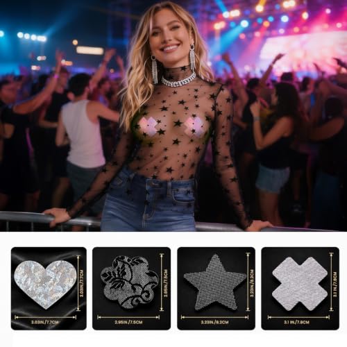 Image of Glitters Pasties Rave Pack Nipple Covers Stickers Disposable Sticky Breast Petals Bra Set for Women Rave Outfit Party