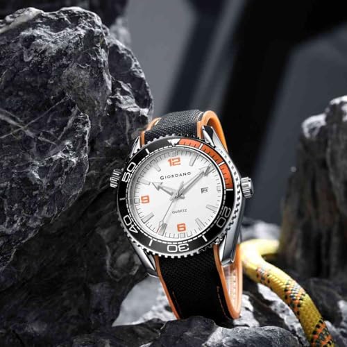 Image of GIORDANO Analog Quartz Watch for Men - Round Dial with Rotating Bezel, Luminous Hour Markers, Silicone & Stainless Steel Strap, Date Display