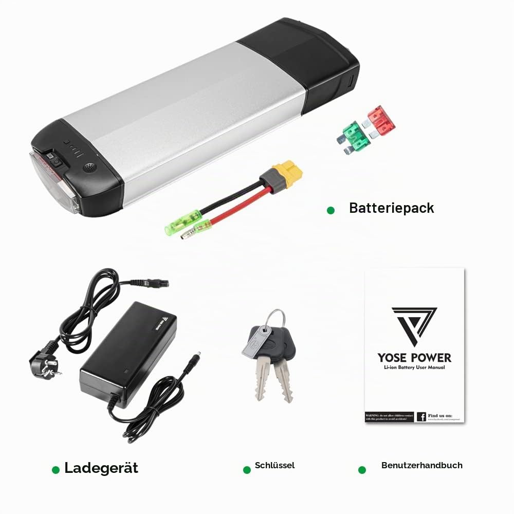 YOSE POWER Pedelec Akku 36V E-Bike Batterie 250W/350W/500W/800W mit Gepäckträger für 26"-28" Scheibenbremse V-Brake Hinterrad Bike Mifa,Aldi,Prophete,Rex