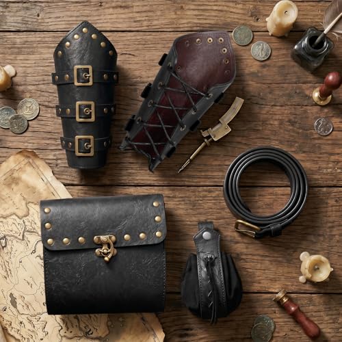 Image of Renaissance Belt Pouch Medieval Viking Leather Bracers Set for LARP