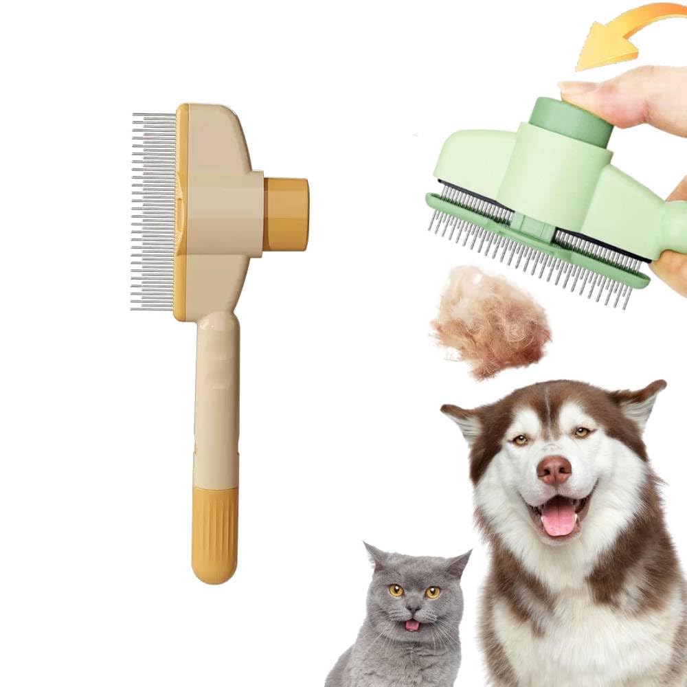 Updated Cat Brush for Short Haired Cats,Self-Cleaning Flea Comb for Cats and Dogs,Cat Grooming Brush for Shedding and Tangles - Durable Stainless Steel Pet Hair Removal Comb (1Pcs,Yellow)