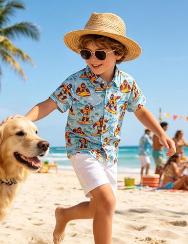Image of Boys Hawaiian Shirt Kids Button Down Aloha Beach Hawaii Tops 5-14Y | Quick Dry, Breathable, Cooling & Lightweight, For Summer Vacation Holiday, Fourth of July, Youth, Teen, Shark, Dinosaur