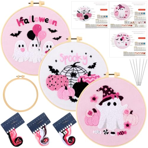 Image of Mindsoft 3 Set Needlepoint Kit for Beginners with Hoop,Pink Halloween | Bamboo Hoop Thread Needles Instructions, Easy Hand Embroidery for Beginners Home Crafts,Pre-stamped Funny Cute Designs