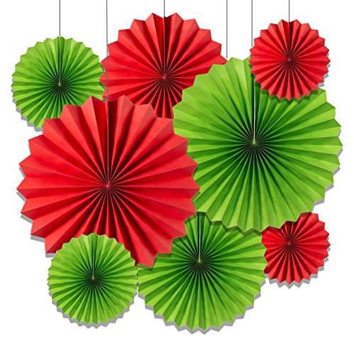 ZYOOO - 8 abanicos colgantes de papel verde y rojo para decoraciones navideñas, 12 pulgadas y 16 pulgadas Cover