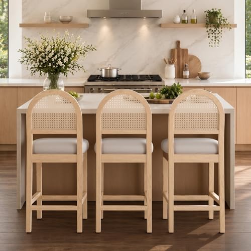 Daluvenix Farmhouse Rattan Counter Height Bar Stools Set of 3 Chenille Upholstered Barstools with Solid Wood Frame & Legs Chic Kitchen Island Chairs Natural