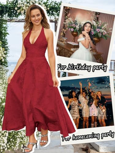 V Neck Jacquard Dress, A Line Halter Backless Drop Waist, Wedding Guest, Size Fits Only 0-84