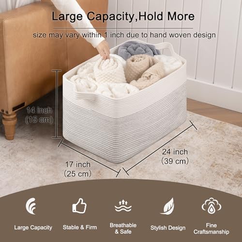 Image of OIAHOMY Extra Large Blanket Basket, 95L Cotton Rope Woven Laundry Basket, Toy Bin for Baby Room, Container for Blanket Storage in Living Room, 24''x17''x14'', Black & White