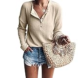 Damen Pullover Langarmshirt Waffelstrick Henley T Shirt Langarm Oberteile V Ausschnitt Knopfleiste Bluse Elegant Einfarbig Locker Lässig Tunika Top Tee Blusen Tuniken Frauen
