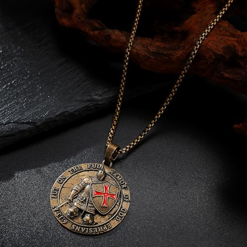 Knights Templar Red Cross Necklace for Men, Heavy Duty Alloy Armor of God Pendant, Ephesians 6:13-17 Scripture, Hidden Ring Design, 2.1 Inch Diameter, Medieval Badge Style4