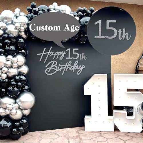 Image of Happy Birthday with 0-9 Numbers Sign for Backdrop - Glitter Felt Custom Age Happy Birthday Decal for Balloon Arch Birthday Decorations Baby Shower - Silver