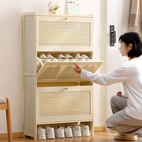 Scarpiera vintage in legno, larghezza 50-100 cm, scarpiera autoportante con 2-6 cassetti, ripiani regolabili per ingresso e corridoio, finitura crema, elegante nizer.