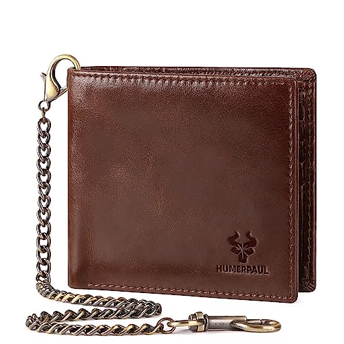Genuine Leather Card Holder Wallet with Chain Accessory for Men, Women RFID Blocking 13 Card Slots 2 ID Windows 2 Bill Compartments Short Bi-Fold Wallet Gift (Brown)