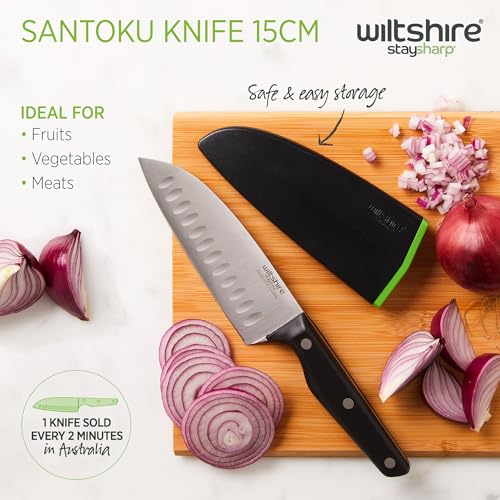 Wiltshire Staysharp Triple Rivet Multi-Purpose Santoku Knife 15cm, Stainless Steel Sharp Blade for Chopping Cutting & Slicing, Built-in Sharpener, Slim Scabbard, Ergonomic Triple Rivet Handle - Image 4