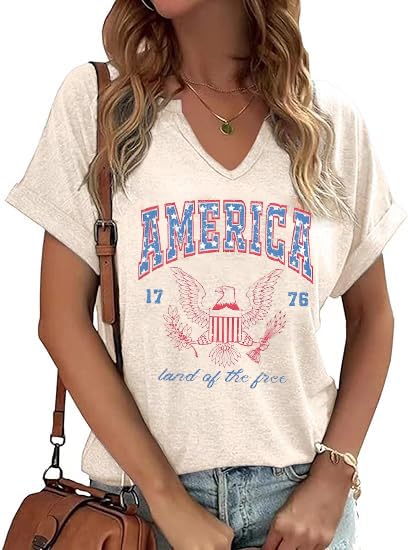 Patriotic Shirts for Women V Neck 4th of July America Flag Vintage Blouse Summer BBQ T-Shirt Memorial Tops Tee