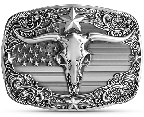 Superkred Western Cowboy Belt Buckle - Texas Longhorn Belt Buckle for Men & Women |American Flag Belts Buckle Accessory for Cowgirl (Silver)
