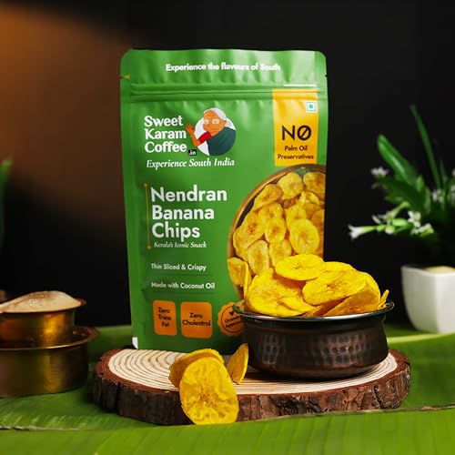 Image of Sweet Karam Coffee Nendran Banana Chips - 200 grams | Made with 100% Coconut Oil | No Preservatives | Kerala Special Crispy, Thin Sliced Yellow Plantain Wafers | Healthy Tea Time Snack (Pack of 3)