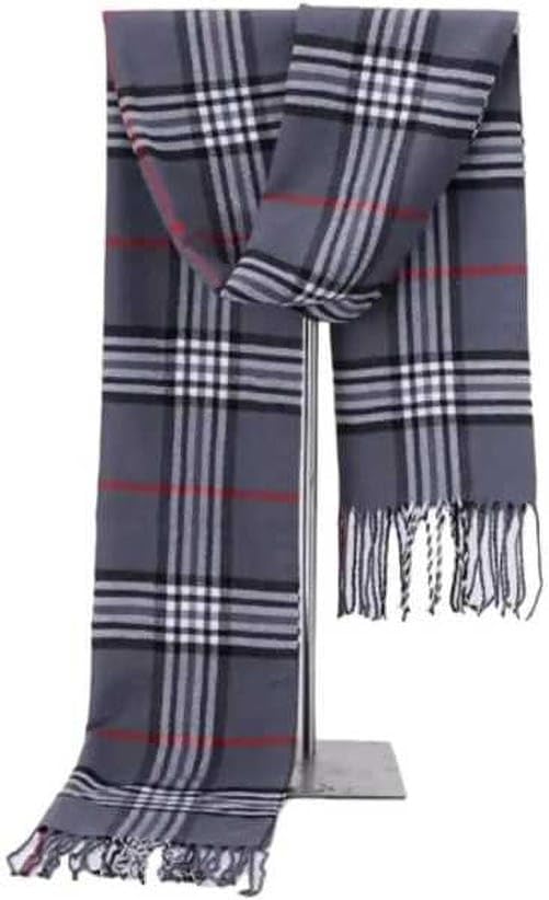 Cotton Silver Grey Checkered Muffler Scarf, Cotton Blend, Traditional Geometric Pattern with Fringe, 180x45 cm, Unisex-image-36