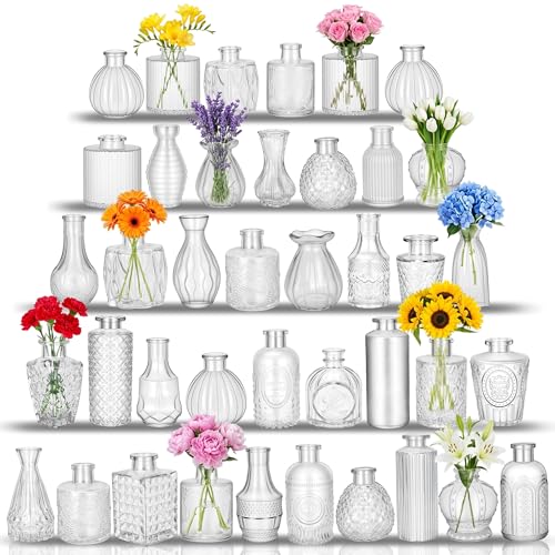 Glass Bud Vases in Bulk Set of 40 Transparent Clear Variable Small Mini Glass Vases for Centerpieces Crystal Vintage Vase for Flowers Wedding Table Decor Baby Shower Christmas Home and Events