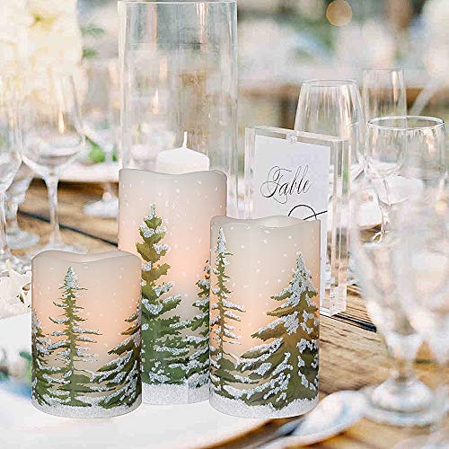 Image of Eldnacele Green Tree Christmas Decor Flameless Flickering Candles with Automatical Daily Timers, Battery Operated LED Candles Real Wax Decals Pack 3 Tiered Pillars 3 x 4 5 6 Inches