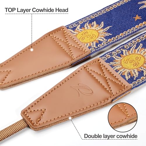 Image of Padwa Lifestyle Sun God Camera Strap - 2 inch Full Grain Leather Ends, Vintage Sun Face Camera Straps for Photographers, Soft Chamois Velvet Padded Strap Quick Release fits All Cameras