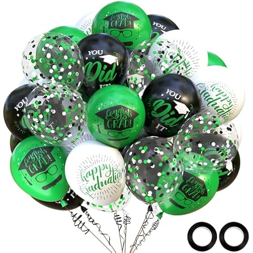 OuMuaMua 75 Pack Graduation Party Decorations Balloons Set - 12 Inch Black Green White Confetti Graduation Balloons with 2 Ribbons for Class of 2026 Congrats Grad Birthday Party Decor Supplies