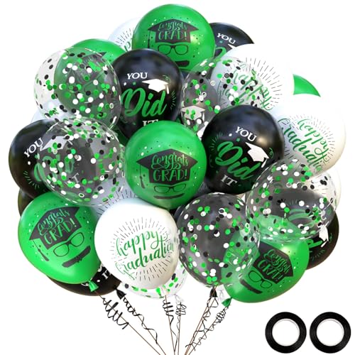 OuMuaMua 75 Pack Graduation Party Decorations Balloons Set - 12 Inch Black Green White Confetti Graduation Balloons with 2 Ribbons for Class of 2026 Congrats Grad Birthday Party Decor Supplies