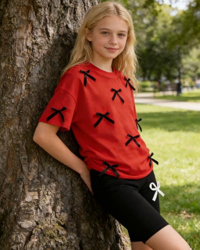 Image of Kids Girl Clothes Heart Print Short Sleeve Top and Shorts Cute Girl Summer Outfits Short Set