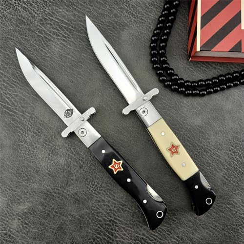 Goshawk Finka-NKVD KGB Folding Pocket Knife,3.66" Mirror Polished 440C Blade and ABS Handle,Nylon Sheath,Assisted Opening Flipper Knife with Lockback, EDC for Camping Hunting Survival (Ivory white)